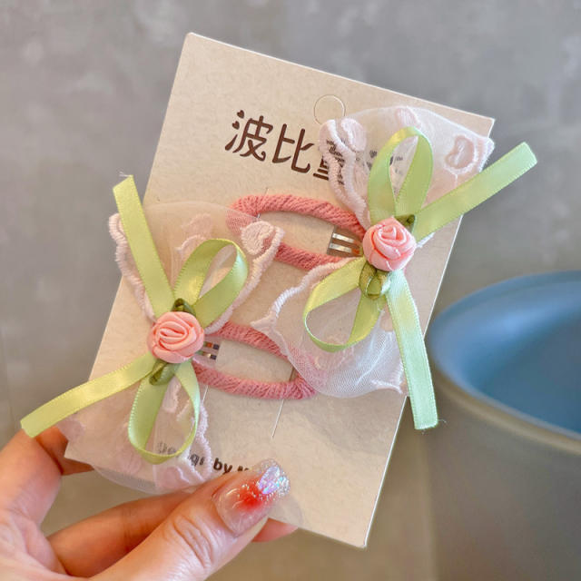 Spring fresh green blue color lace bow snap hair clips for kids