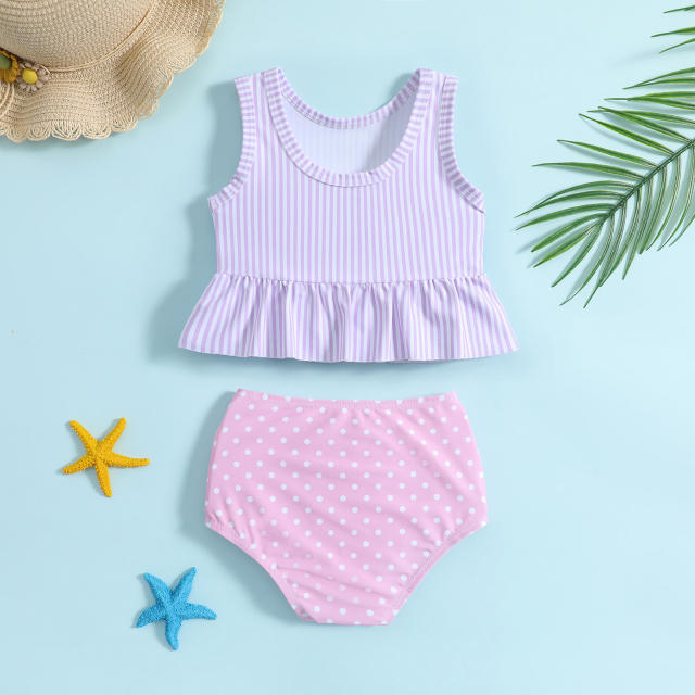 Sweet pink color striped polka dots two piece swimsuit for kids