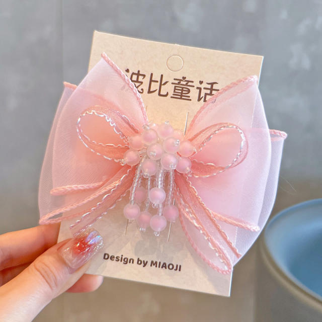 Spring colorful bead cute bow hair clips for kids