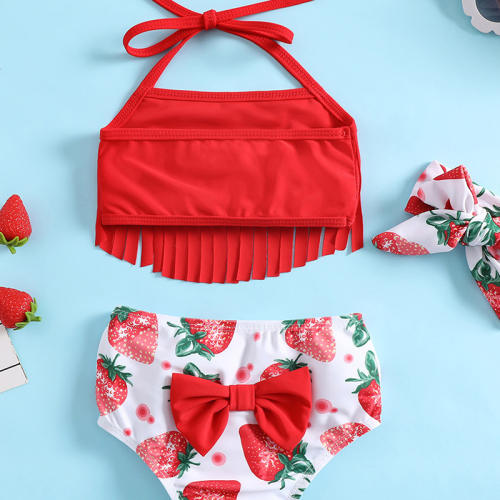 Cute red color strawberry pattern two piece swimsuit