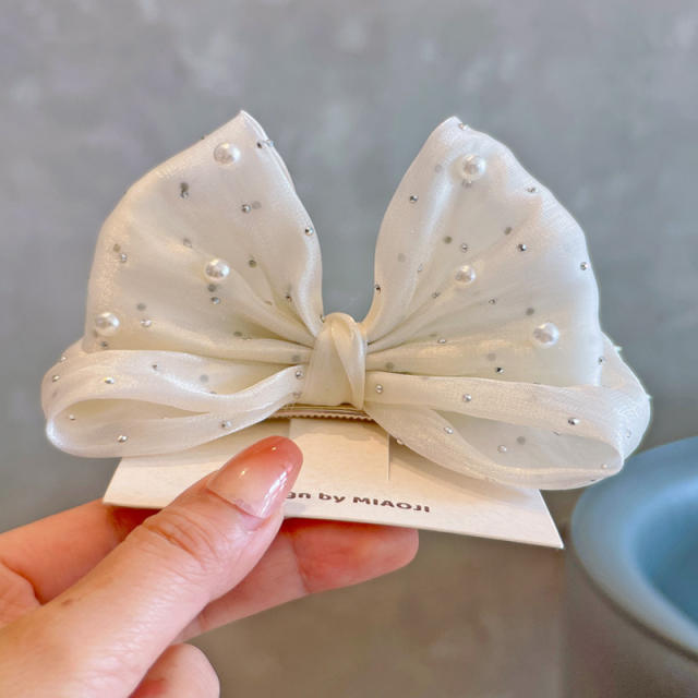Spring plain color satin bow pearl beaded hair clips for kids
