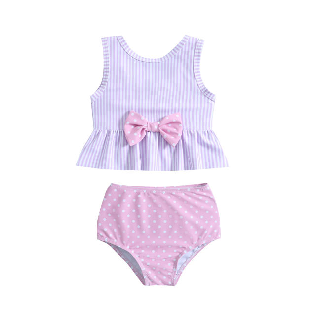 Sweet pink color striped polka dots two piece swimsuit for kids