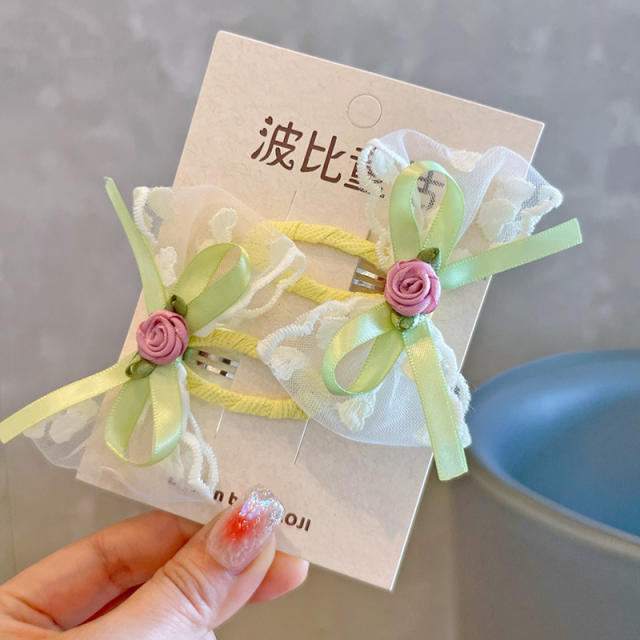 Spring fresh green blue color lace bow snap hair clips for kids