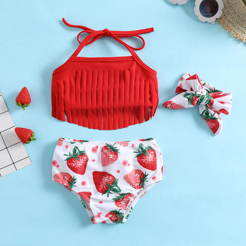 Cute red color strawberry pattern two piece swimsuit
