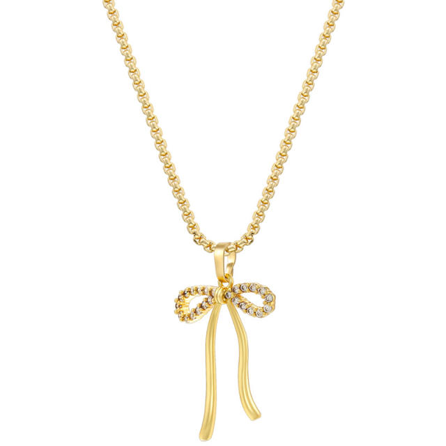 Dainty diamond bow pendant gold plated copper necklace