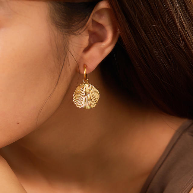 Elegant folded pattern round piece stainless steel huggie earrings