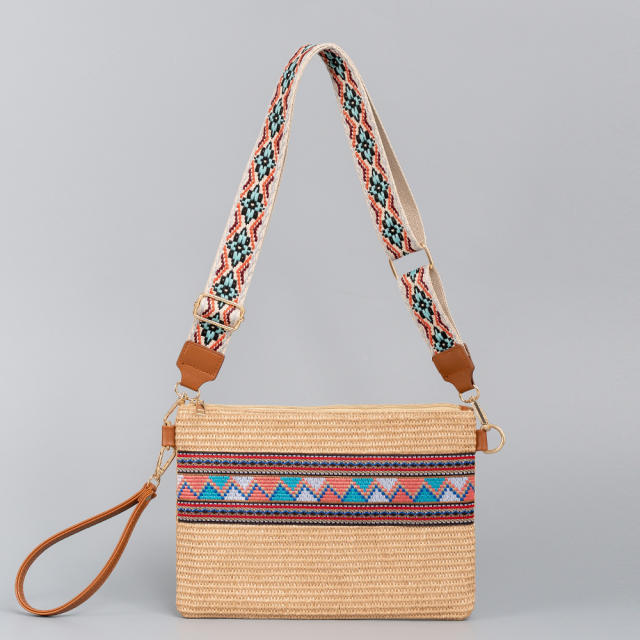 Boho pattern straw material small size crossbody bag clutch bag