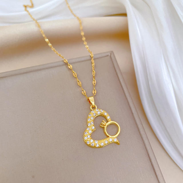 Delicate diamond engagement ring heart pendant dainty stainless steel chain necklace