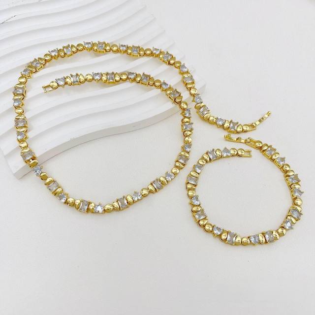 Delicate cubic zircon heart unique geometric gold plated copper necklace bracelet set