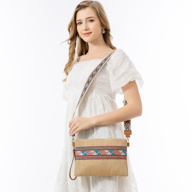 Boho pattern straw material small size crossbody bag clutch bag