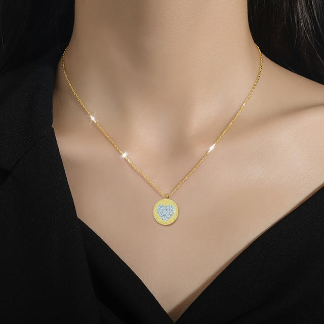 Delicate diamond round piece pendant stainless steel necklace set