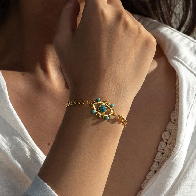 Vintage evil eye turquoise bead stainless steel bracelet