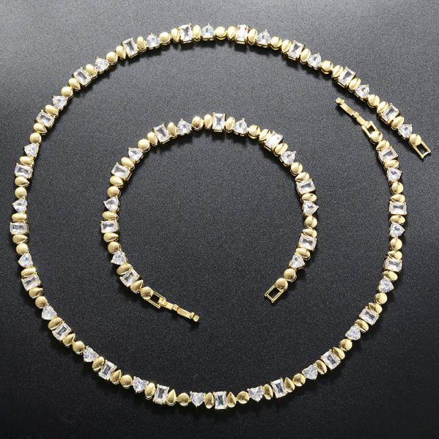 Delicate cubic zircon heart unique geometric gold plated copper necklace bracelet set