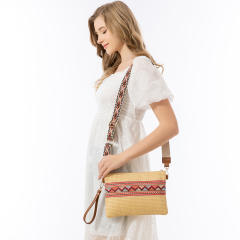 Boho pattern straw material small size crossbody bag clutch bag