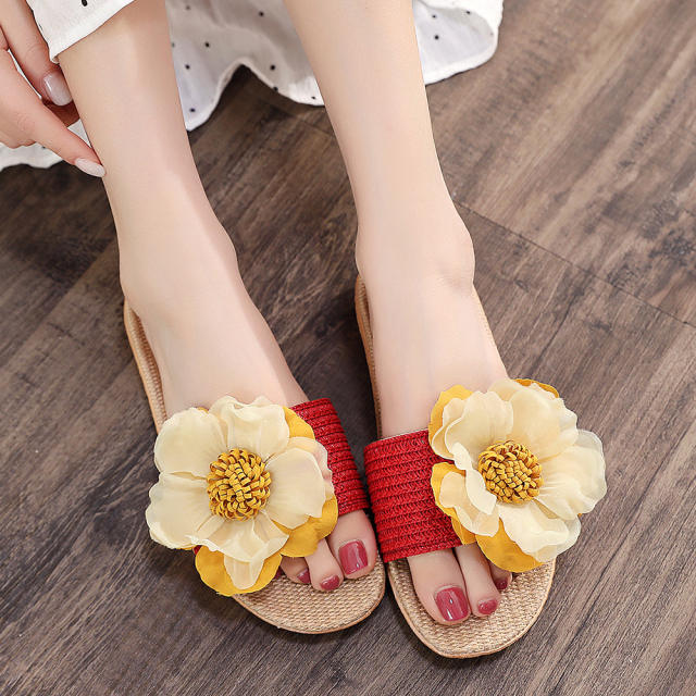 Summer fabric flower flat straw pattern slippers