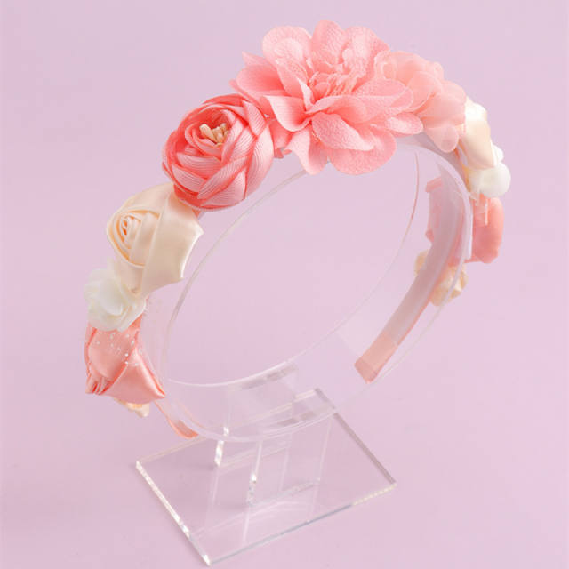 Sweet pink color satin flower headband for kids flower girl