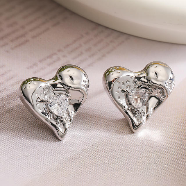 Delicate gold plated copper diamond heart studs earrings collection