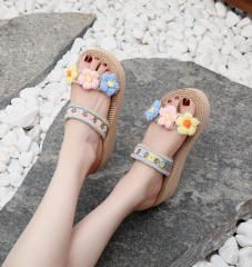 Boho knitted flower flatform beach slippers flat slippers
