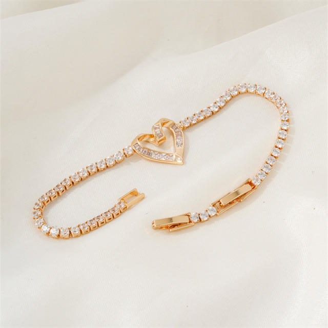 Delicate diamond heart gold plated copper tennis bracelet
