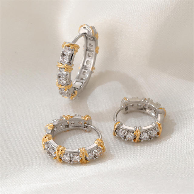 Chic mix color cubic zircon gold plated copper small hoop earrings