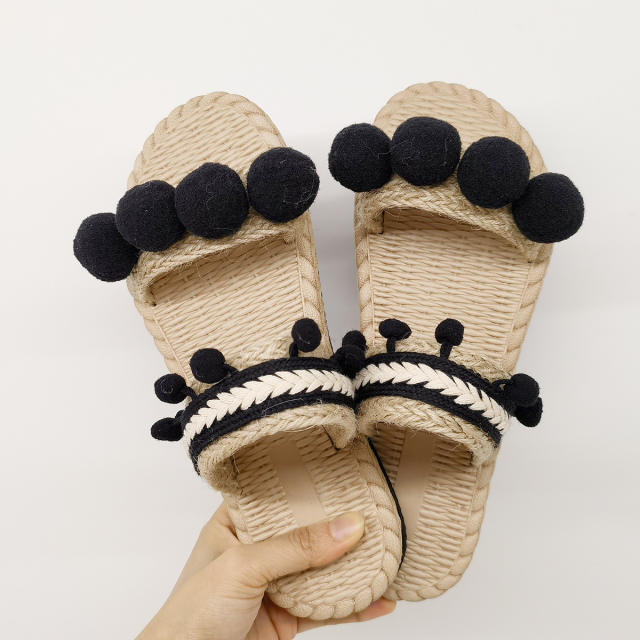 Summer boho trend cute pom pom flat slippers