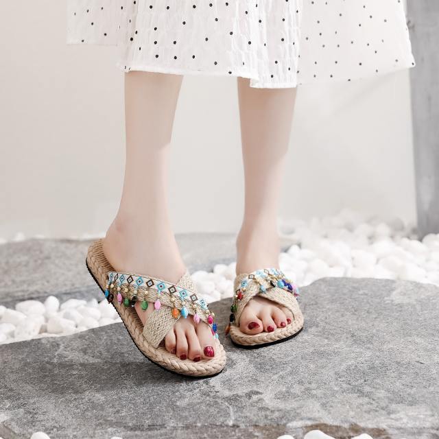 Boho national trend tassel flat slippers platform slippers