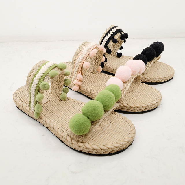 Summer boho trend cute pom pom flat slippers