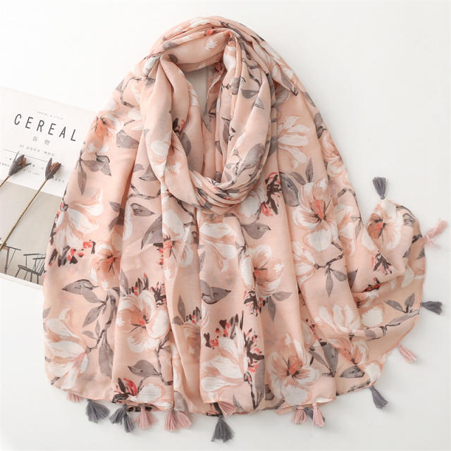 Spring summer sweet pink color floral fashion scarf