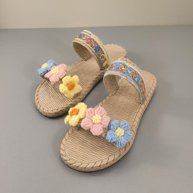 Boho knitted flower flatform beach slippers flat slippers