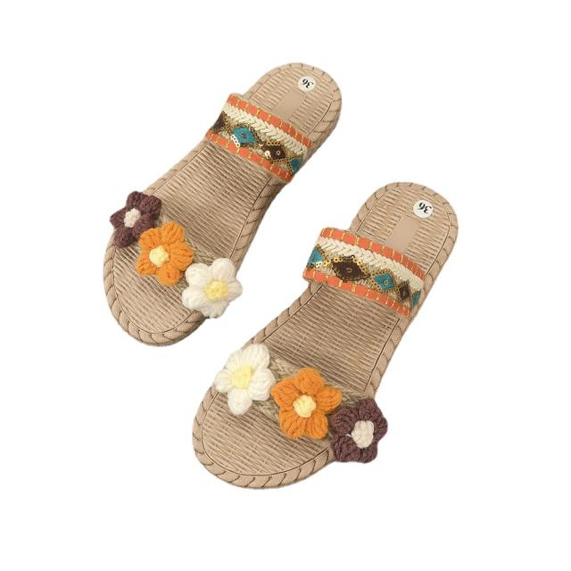 Boho knitted flower flatform beach slippers flat slippers