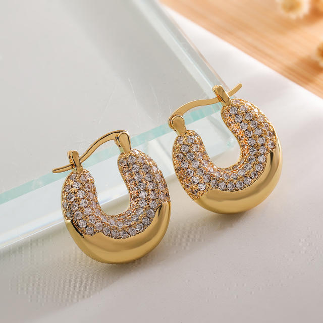 Chunky gold plated copper U shape diamond earrings