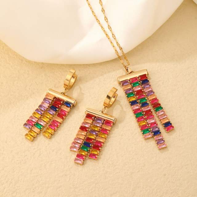 Delicate rainbow cubic zircon gold plated copper necklace set