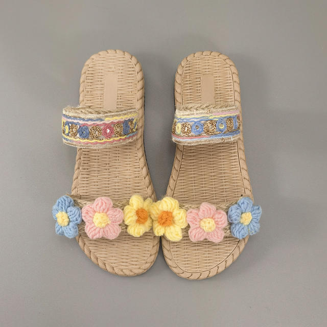 Boho knitted flower flatform beach slippers flat slippers