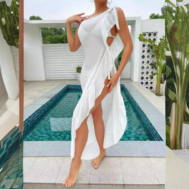 Summer white color Ruffled edge beach cover up swimsuit cover up