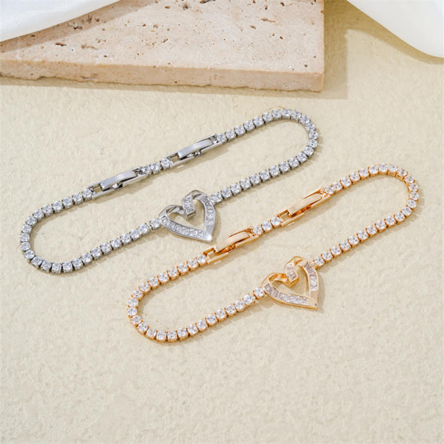 Delicate diamond heart gold plated copper tennis bracelet