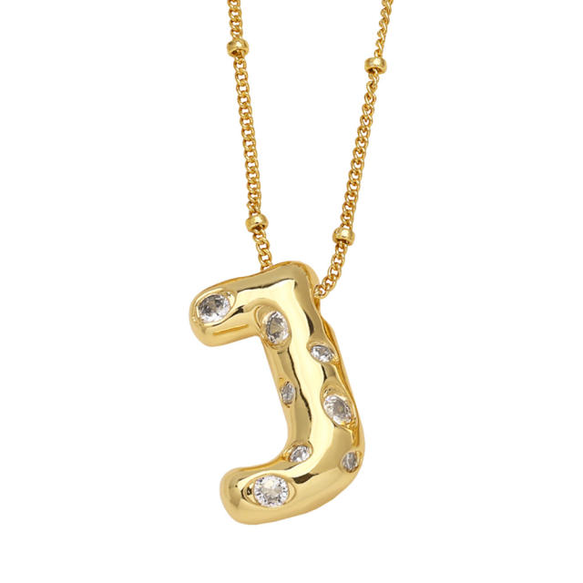 Chunky cubir zircon initial letter charm gold plated copper necklace bubble necklace