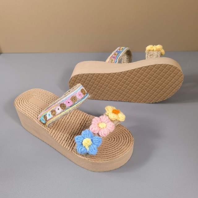 Boho knitted flower flatform beach slippers flat slippers