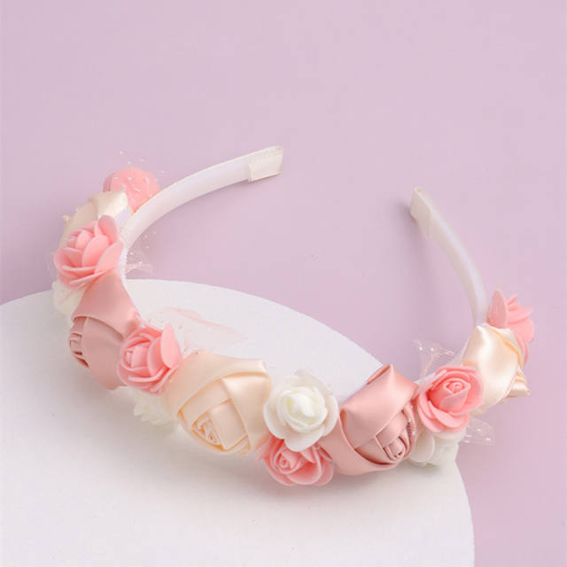 Sweet pink color satin flower headband for kids flower girl