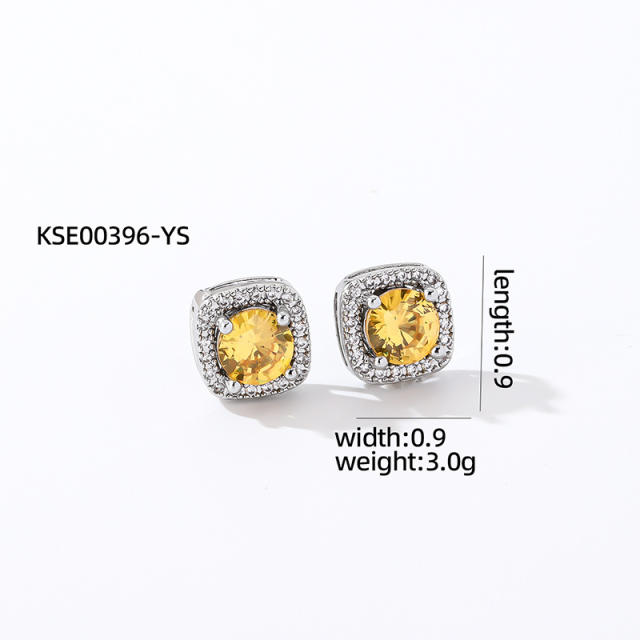 Chic square colorful cubic zircon copper material diamond studs earrings