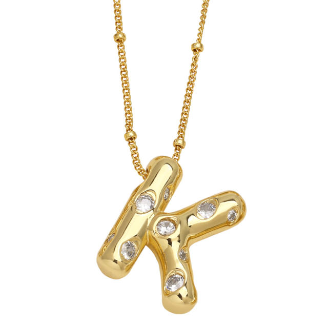 Chunky cubir zircon initial letter charm gold plated copper necklace bubble necklace