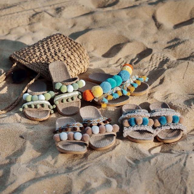 Boho cute bom straw design flat slippers beach slippers