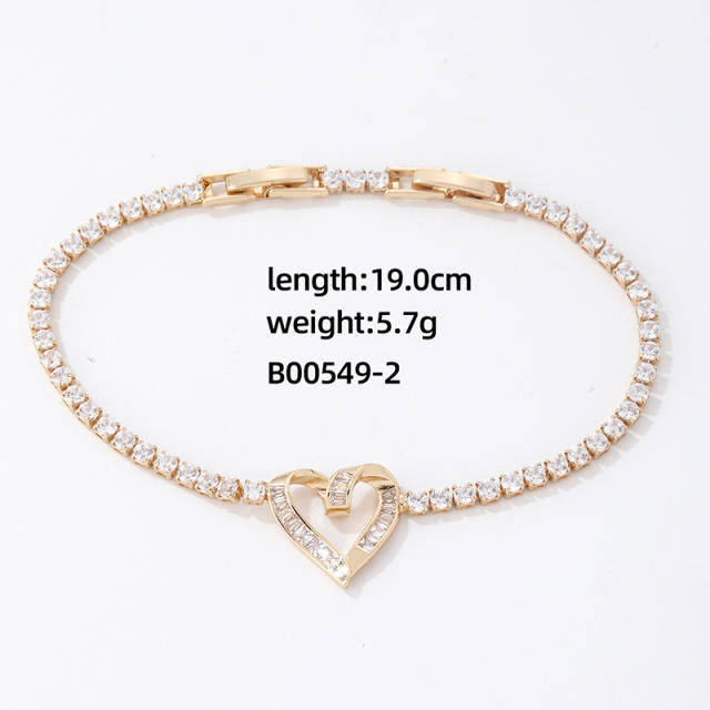 Delicate diamond heart gold plated copper tennis bracelet
