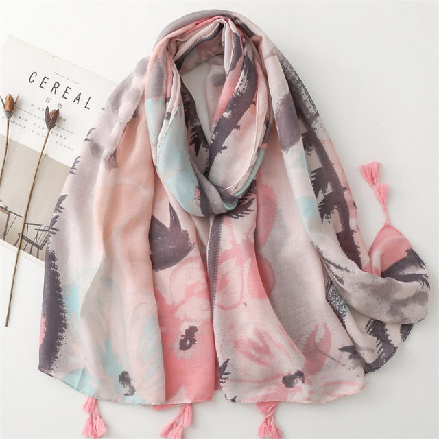 Hot sale spring pink blue flower fashion scarf