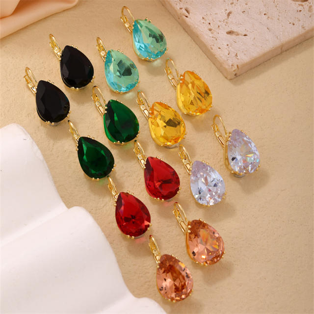 Elegant colorful glass crystal drop gold plated copper earrings