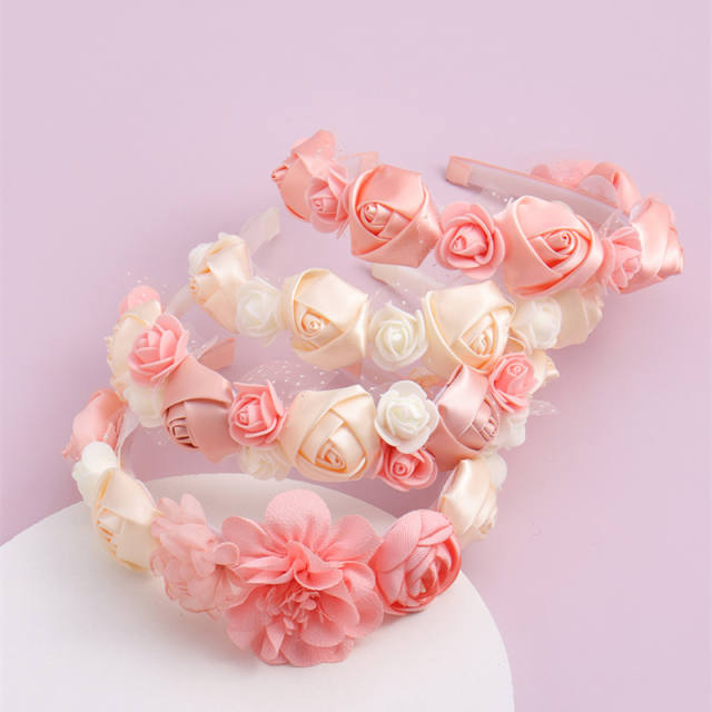Sweet pink color satin flower headband for kids flower girl
