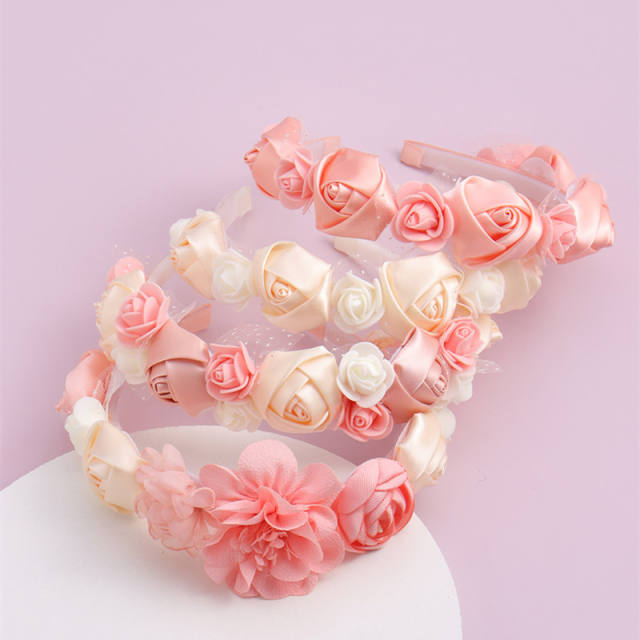 Sweet pink color satin flower headband for kids flower girl