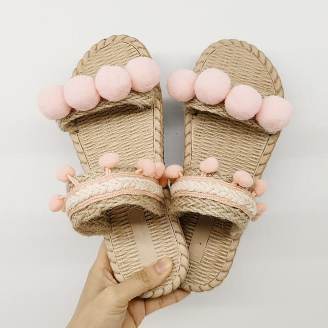 Summer boho trend cute pom pom flat slippers