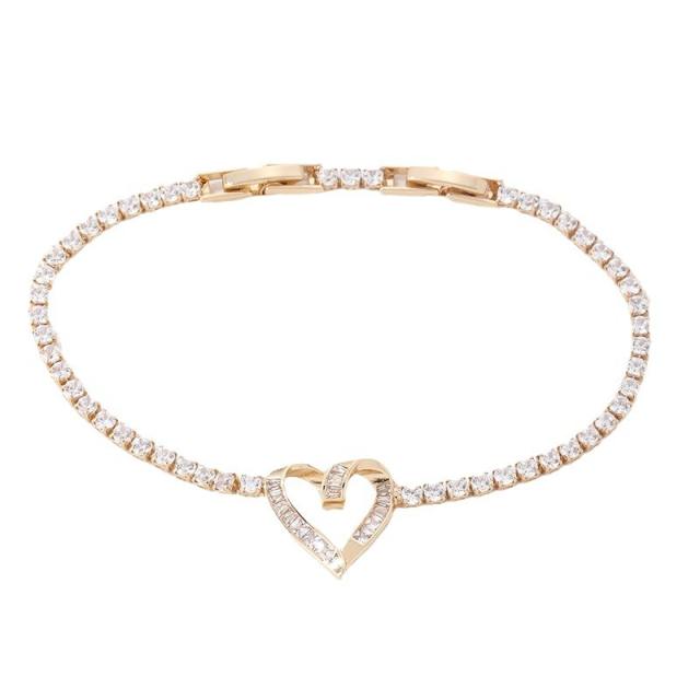 Delicate diamond heart gold plated copper tennis bracelet