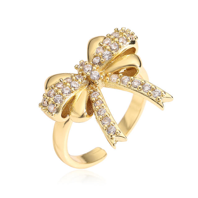 Delicate diamond bow real gold plated copper adjustable finger rings collection