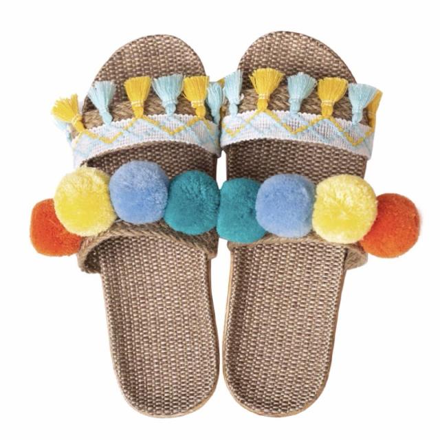 Boho cute bom straw design flat slippers beach slippers